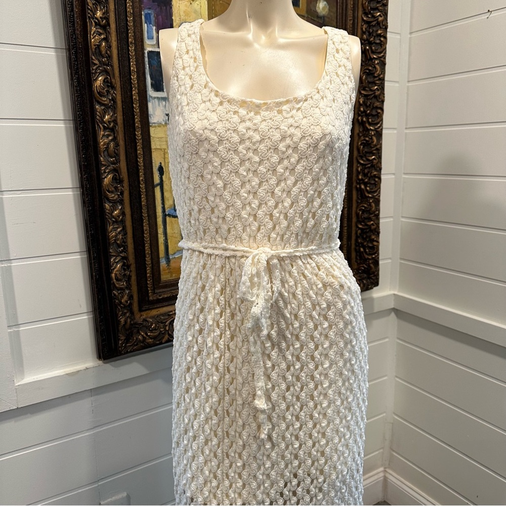 AUW white lace maxi dress with slit and cris cross back